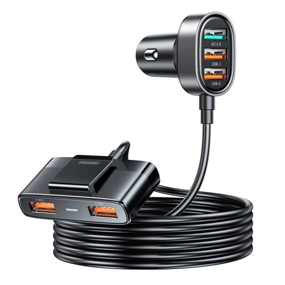 Joyroom fast car charger with extension cable 45W 5xUSB-A black  JR-CL03 Pro